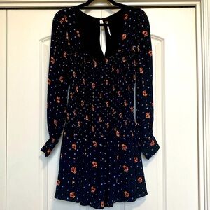 Free People Two Faces Smocked mini Dress Womens S Floral Stars square neck flowy